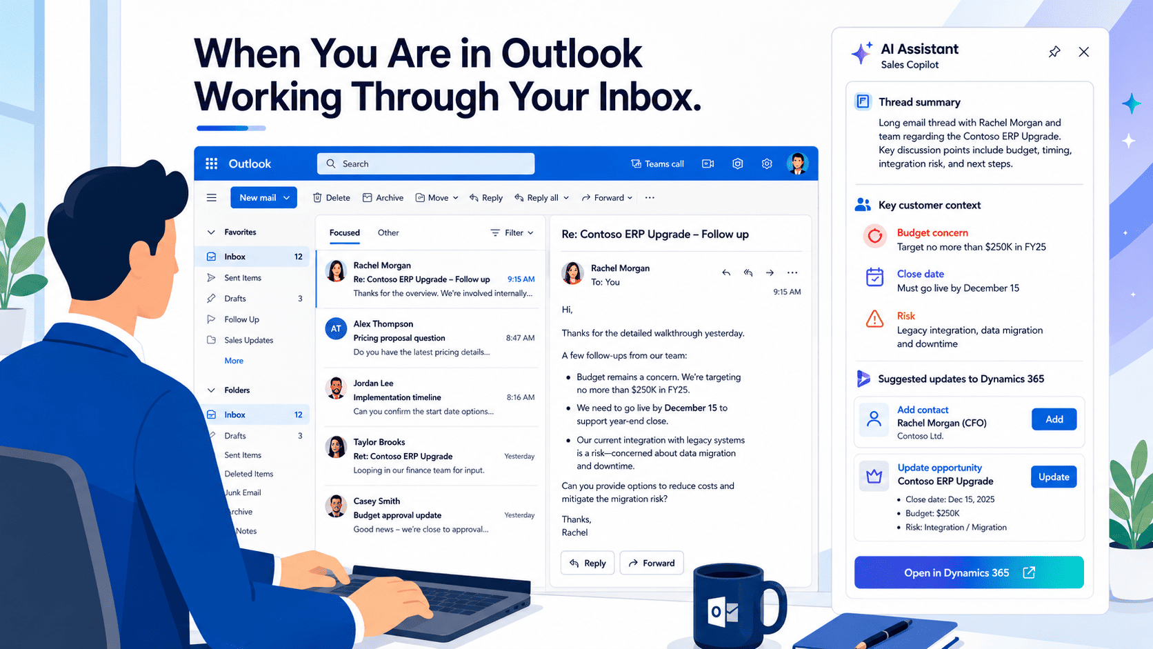 Copilot for Sales in Dynamics 365 helping sellers summarize Outlook emails