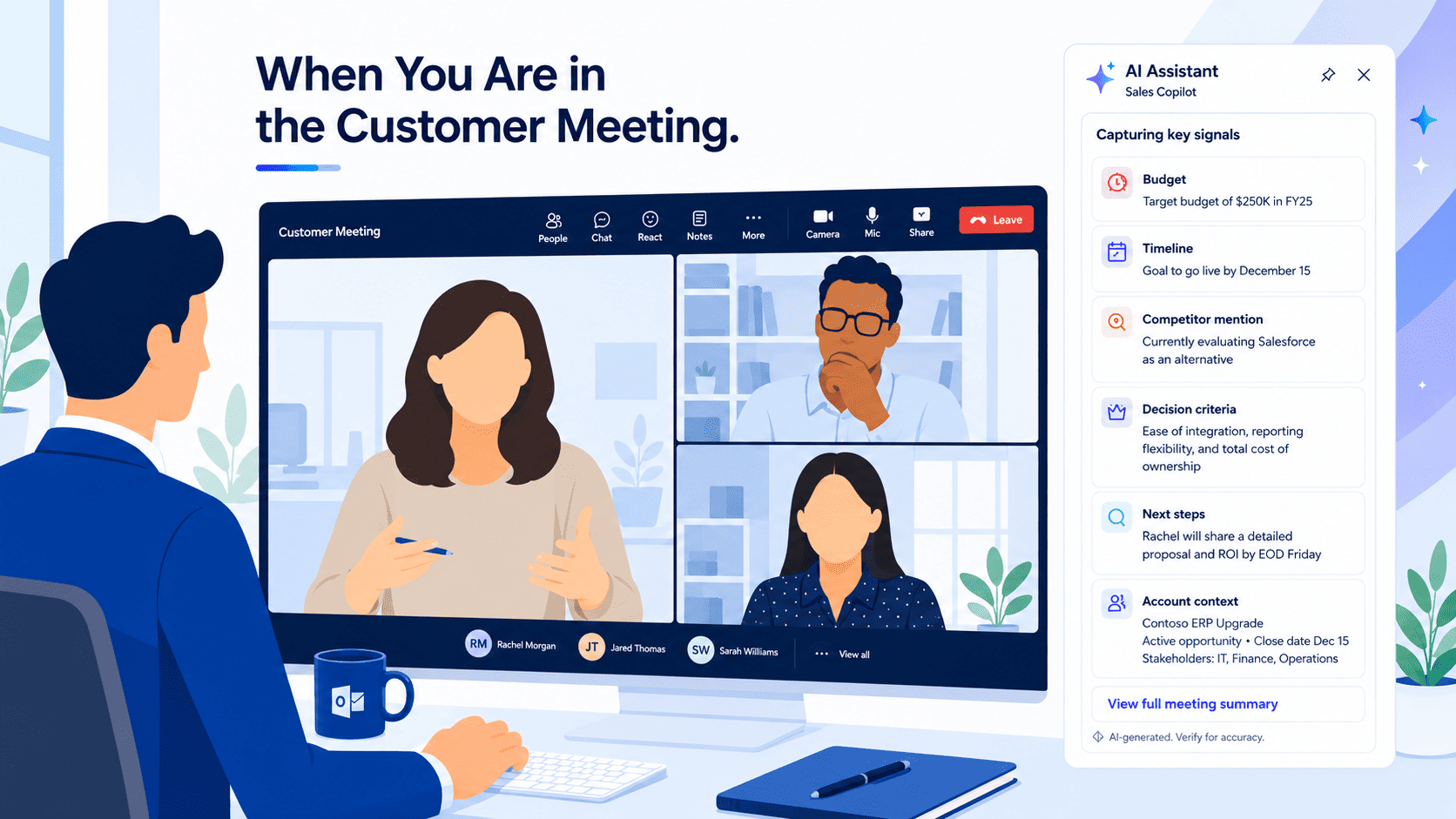 Copilot for Sales panel in Microsoft Teams surfacing opportunity context during a customer meeting