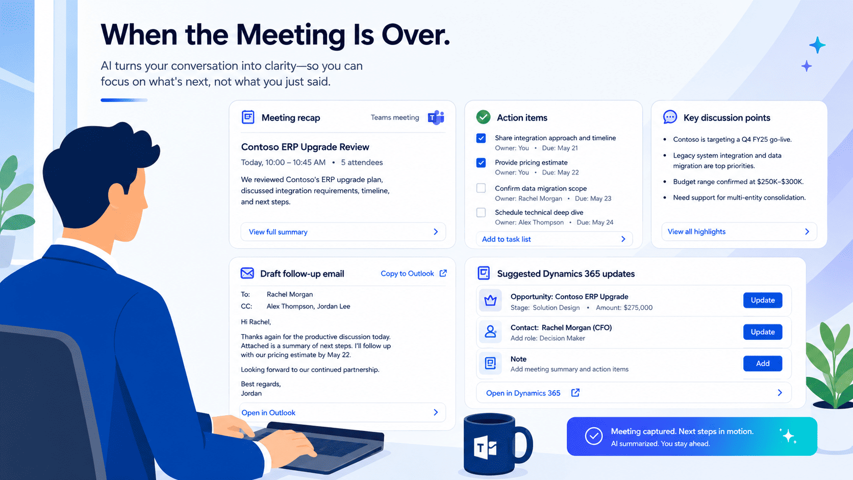 Microsoft Teams meeting recap with summary, action items, and a follow-up email draft from Copilot for Sales