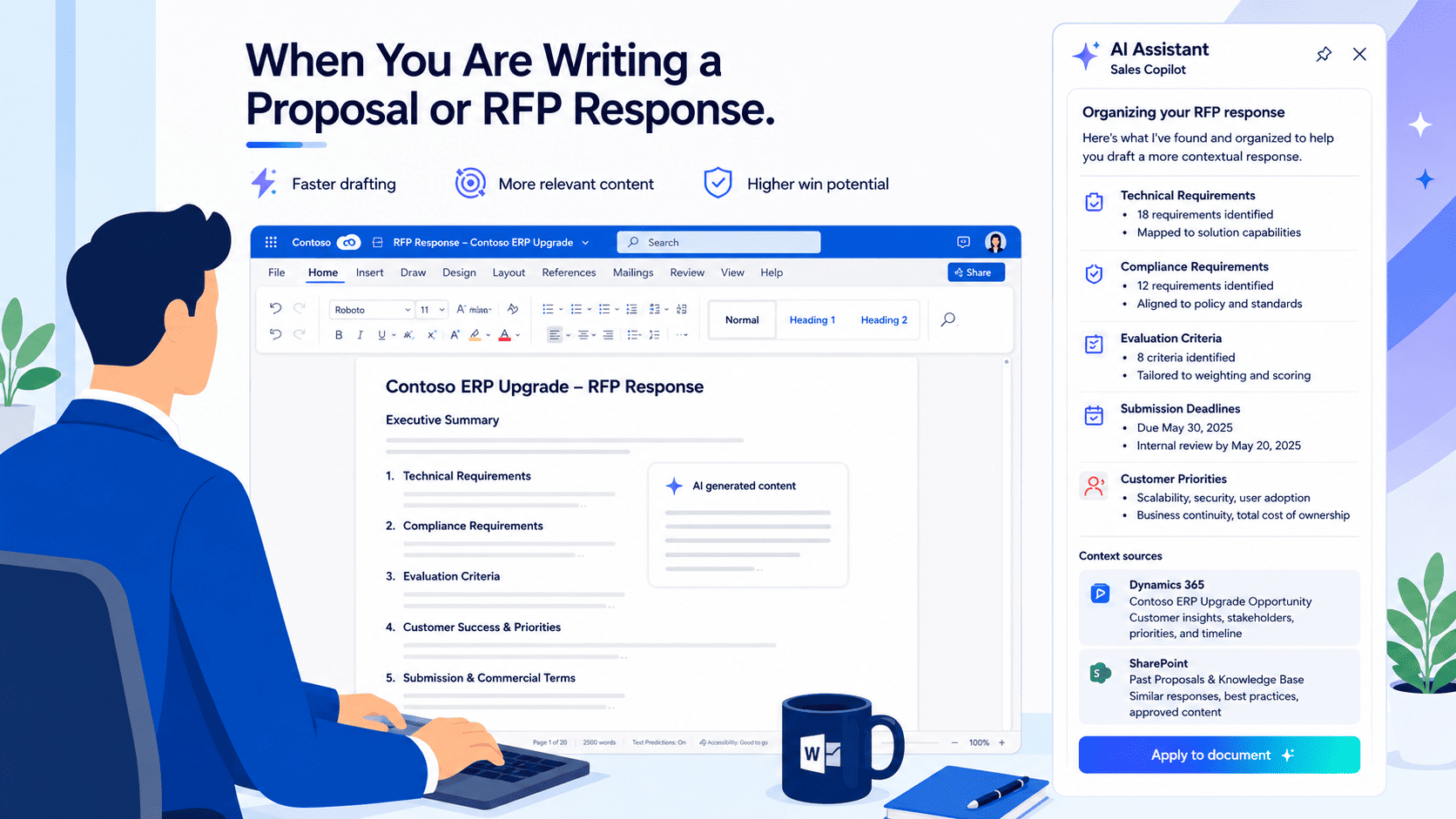Copilot in Microsoft Word summarizing an RFP and drafting proposal sections using Dynamics 365 context