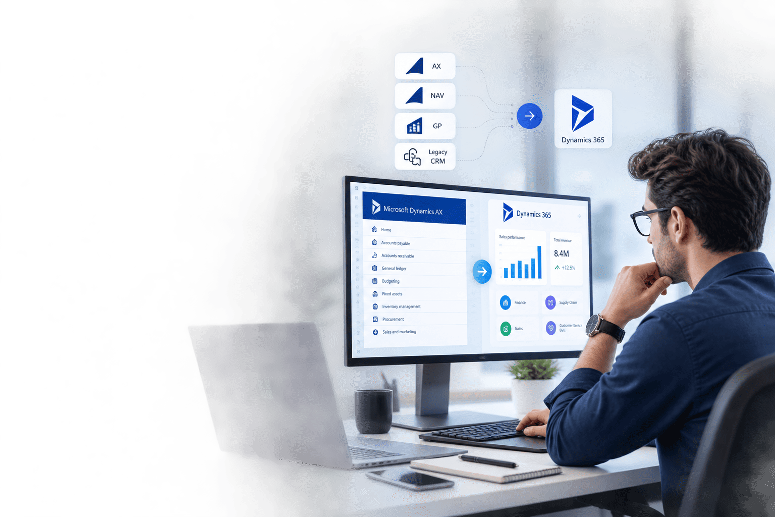 Consultant reviewing a Dynamics 365 upgrade dashboard